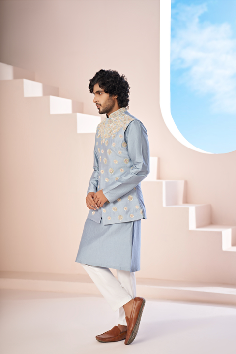 Claro — Powder Blue Nature Printed Dupion Silk Nehru Jacket Set