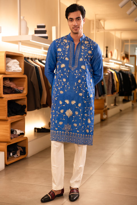 Pallav — Royal Blue Hand Embroidered Falling Raw Silk Kurta