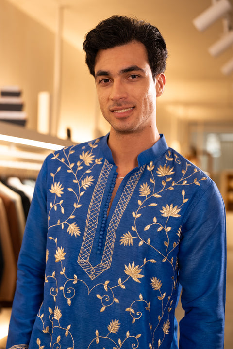 Pallav — Royal Blue Hand Embroidered Falling Raw Silk Kurta