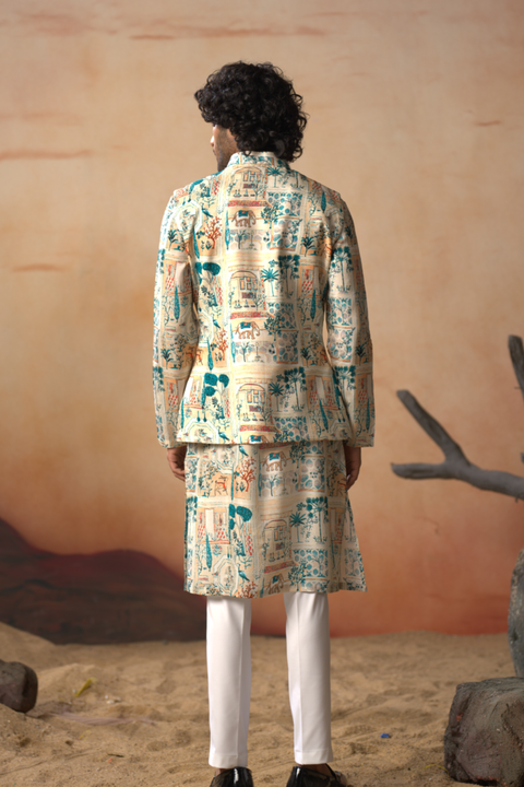 Vanya — Ivory Nature Printed Russian Silk Nehru Jacket Set