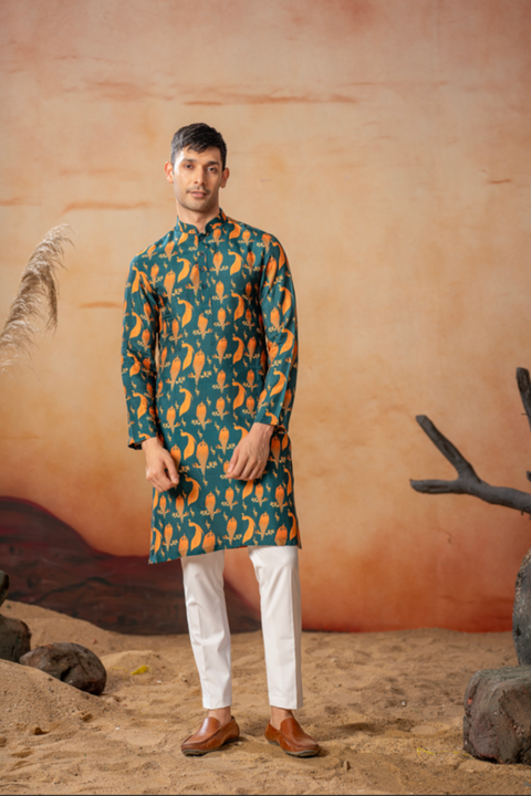 Peacock — Teal & Orange Peacock Print Silk Kurta