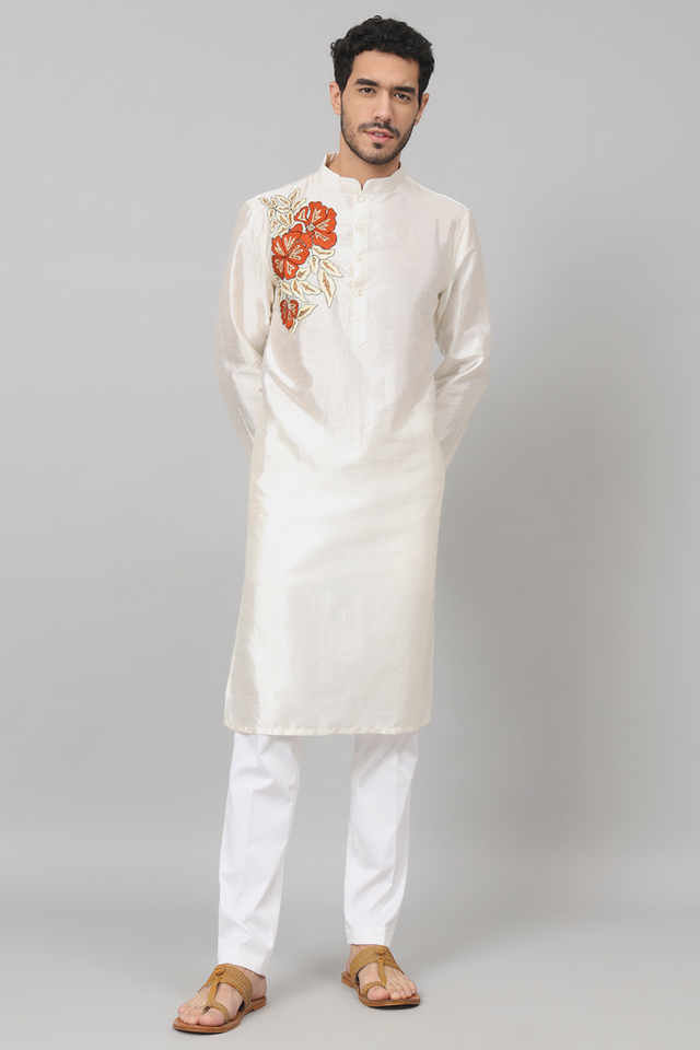 Beju — Off White Embroidered Falling Raw Silk Kurta