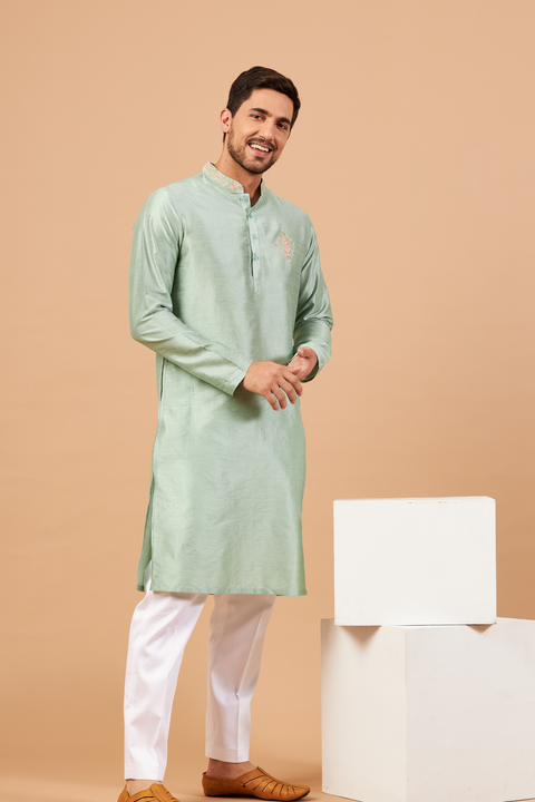 Amil β Pastel Green Embroidered Falling Raw Silk Kurta