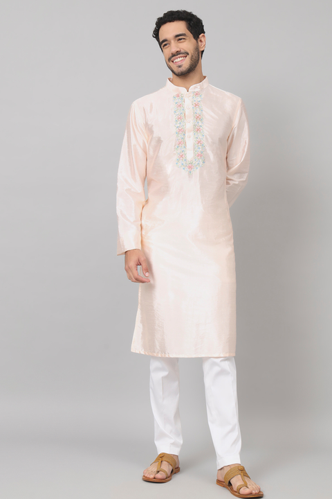 Oxlip — Peach Embroidered Falling Raw Silk Kurta