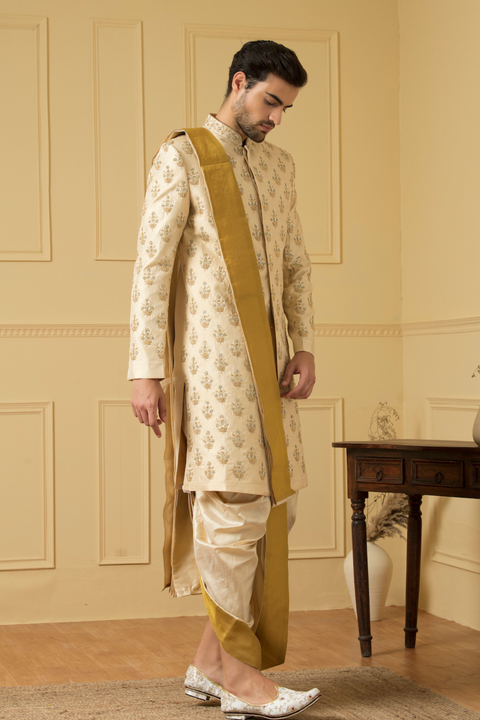 Esplendor β Off White Gold Hand Embroidered Dupion Silk Sherwani