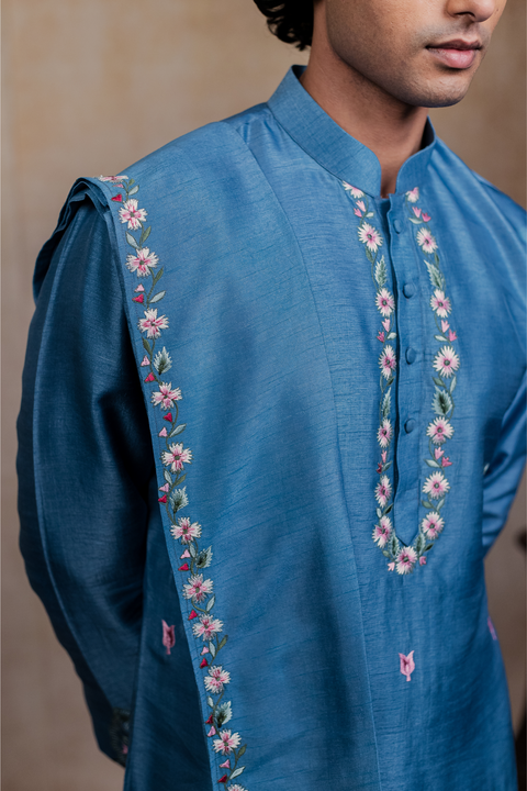 Varnika β Blue Embroidered Falling Raw Silk Kurta
