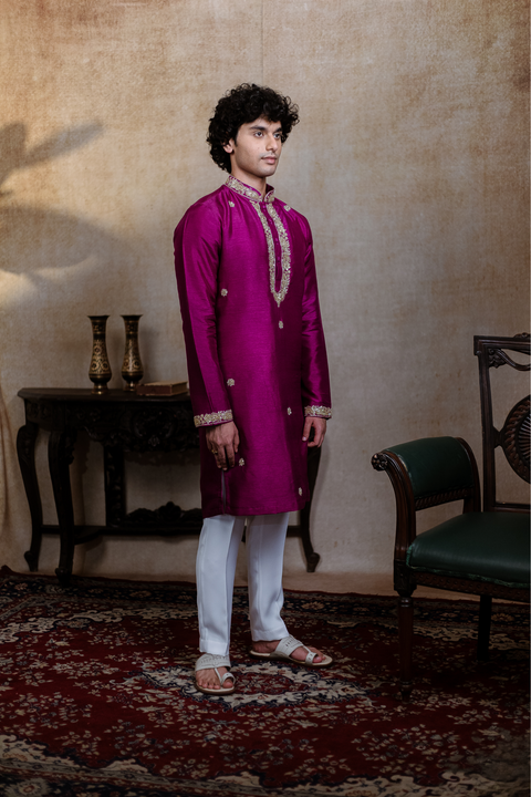 Rajyog — Magenta Zari Embroidered Falling Raw Silk Kurta