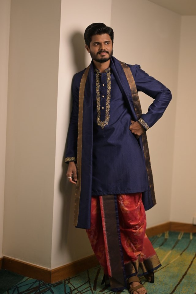 Royal Navratna — Navy Blue Zari Embroidered Dupion Silk Kurta & Dhoti Set