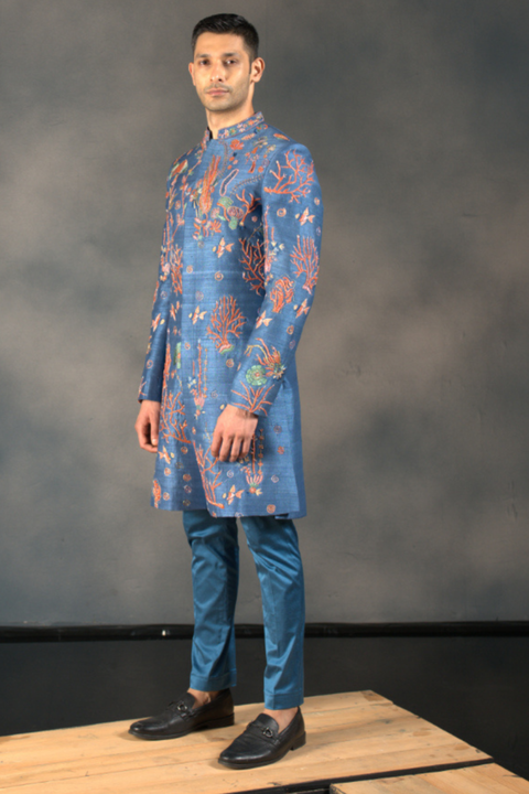 Coral Vogue — Blue Hand Embroidered Raw Silk Sherwani