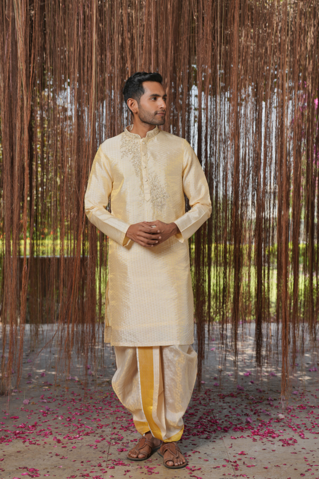 Ananta Kanjivaram — Cream Hand Embroidered Kanjivaram Pattu Silk Kurta Set