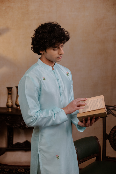 Vrindavan Lotus β Sage Green Hand Embroidered Falling Raw Silk Kurta