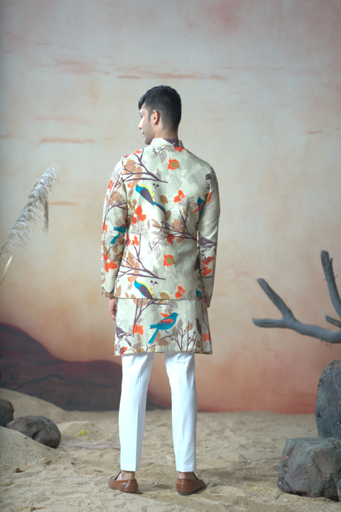 Avescape β Beige Nature Printed Cotton Satin Nehru Jacket Set