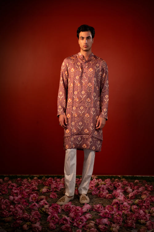 Amaya — Dusty Mauve Printed Falling Raw Silk Kurta