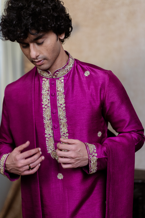 Rajyog β Magenta Zari Embroidered Falling Raw Silk Kurta
