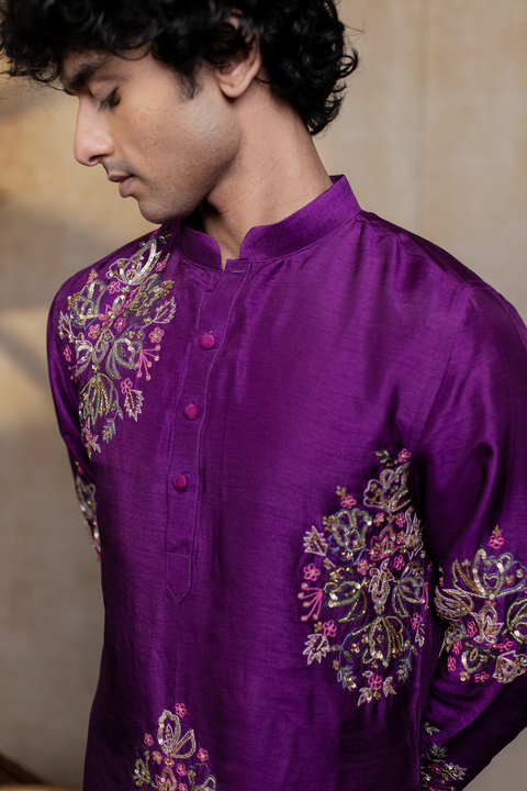 Mayura Cham — Purple Peacock Embroidered Falling Raw Silk Kurta