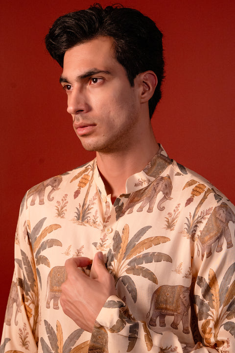 Kadali — Cream Printed Falling Raw Silk Kurta