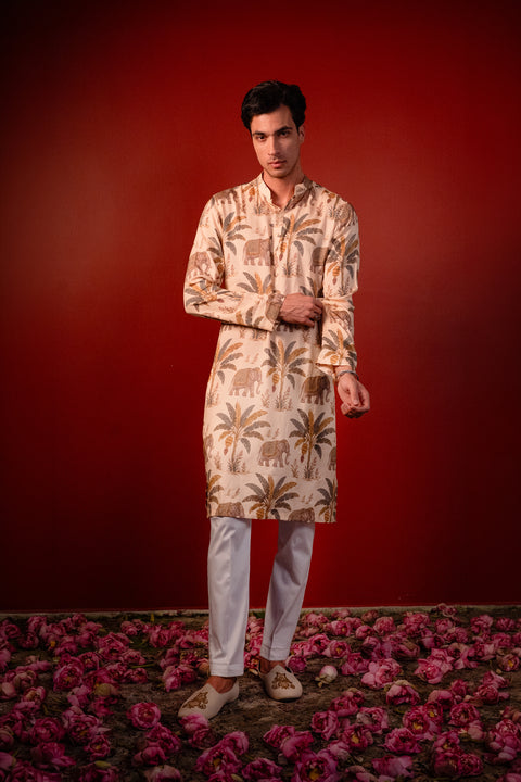 Kadali — Cream Printed Falling Raw Silk Kurta