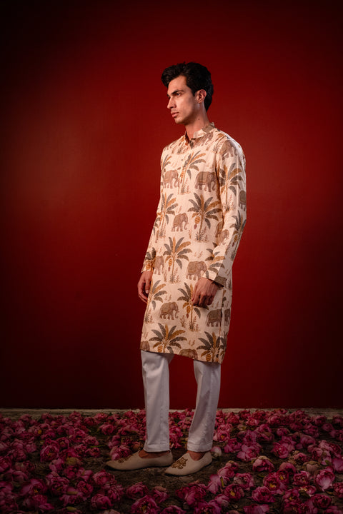 Kadali — Cream Printed Falling Raw Silk Kurta