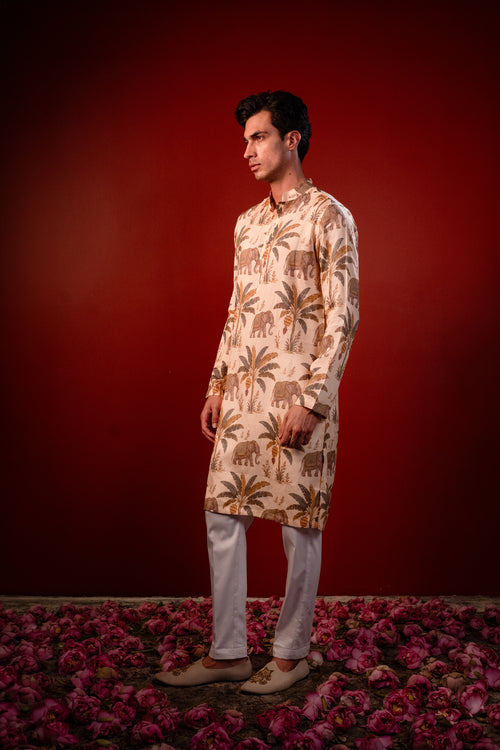 Kadali — Cream Printed Falling Raw Silk Kurta