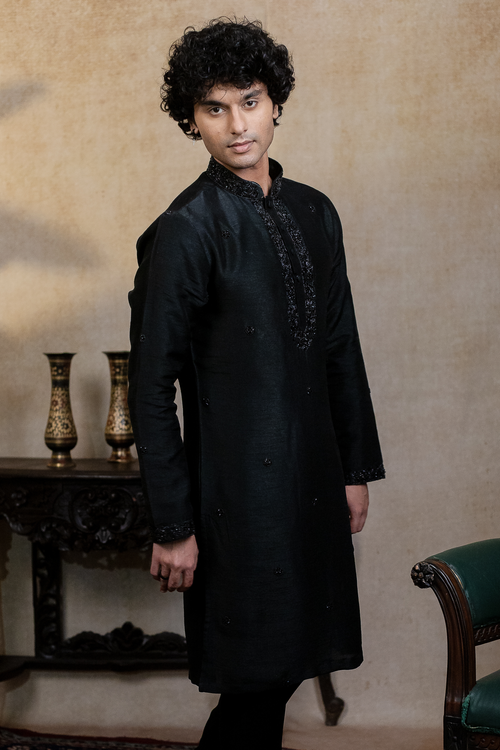 Kajal Phool — Black Floral Embroidered Falling Raw Silk Kurta