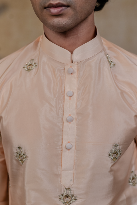 Ananta β Peach Hand Embroidered Semi Pattu Silk Kurta