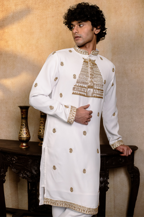 Devalaya — Ivory Hand Embroidered Cotton Blend Kurta
