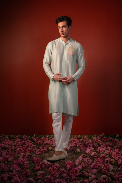 Amod — Mint Green Thread Embroidered Falling Raw Silk Kurta