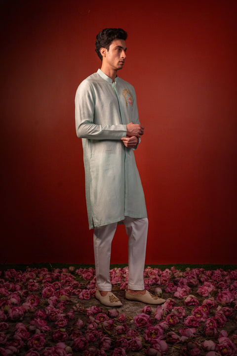 Amod — Mint Green Thread Embroidered Falling Raw Silk Kurta