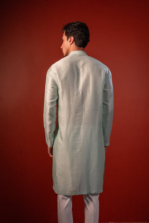 Amod — Mint Green Thread Embroidered Falling Raw Silk Kurta