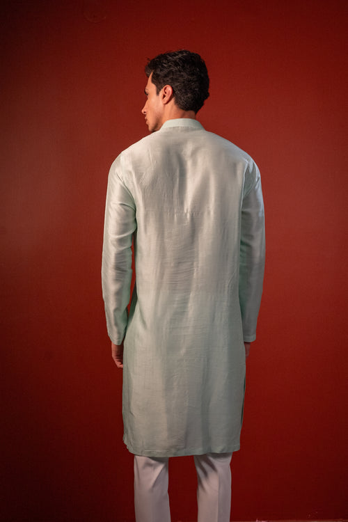 Amod — Mint Green Thread Embroidered Falling Raw Silk Kurta