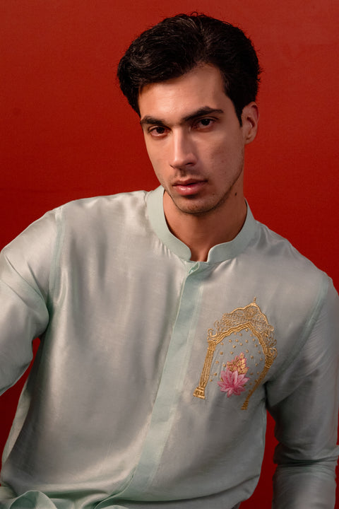 Amod — Mint Green Thread Embroidered Falling Raw Silk Kurta