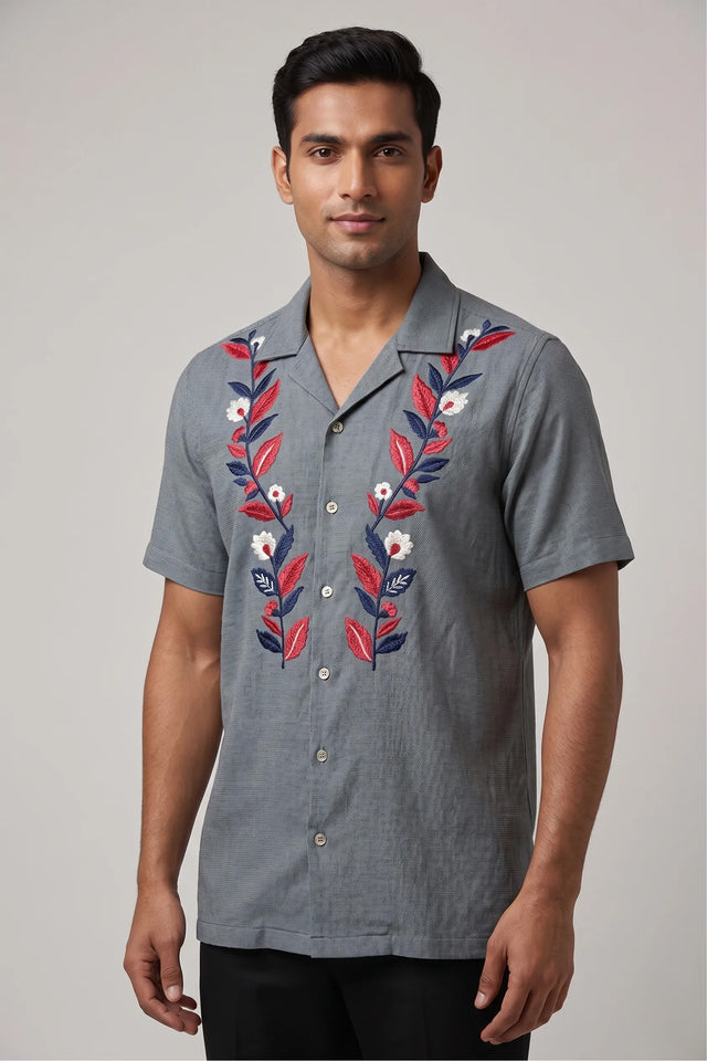 Grey cotton flex shirt with artisan thread dual floral embroidery — Sunduo by HILO DESIGN