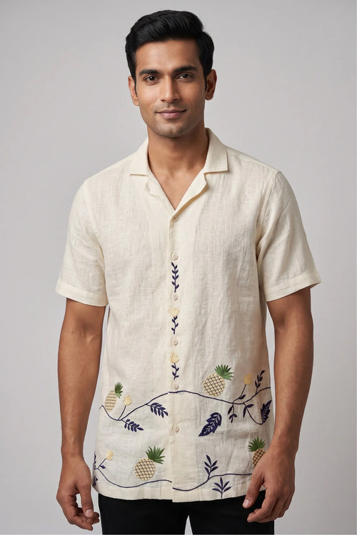 Cream linen shirt with artisan thread pineapple embroidery — Pinora by HILO DESIGN