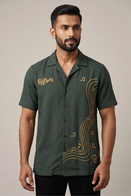 Cotton flex shirt with artisan thread sound-wave and music note embroidery — Echo by HILO DESIGN