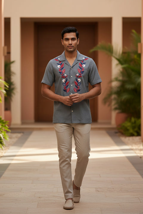 Sunduo β Grey Dual Floral Embroidered Cotton Shirt