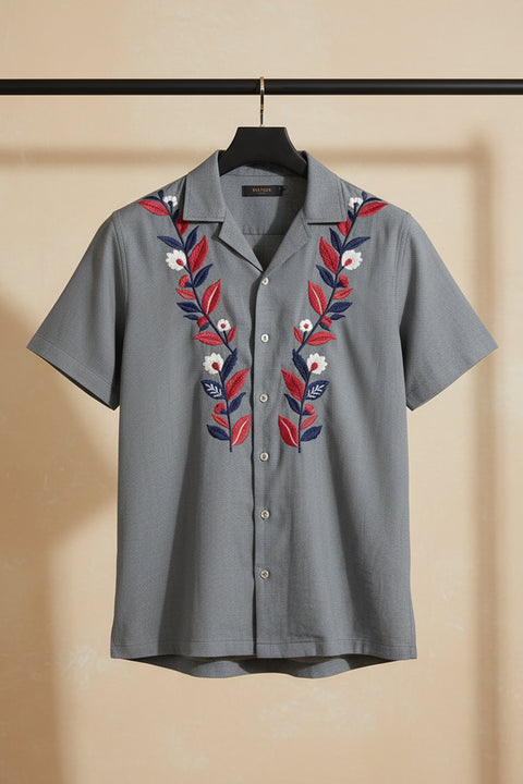 Sunduo — Grey Dual Floral Embroidered Cotton Shirt