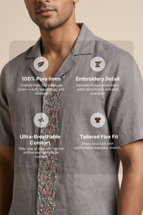 Driftstone β Grey Embroidered Linen Shirt