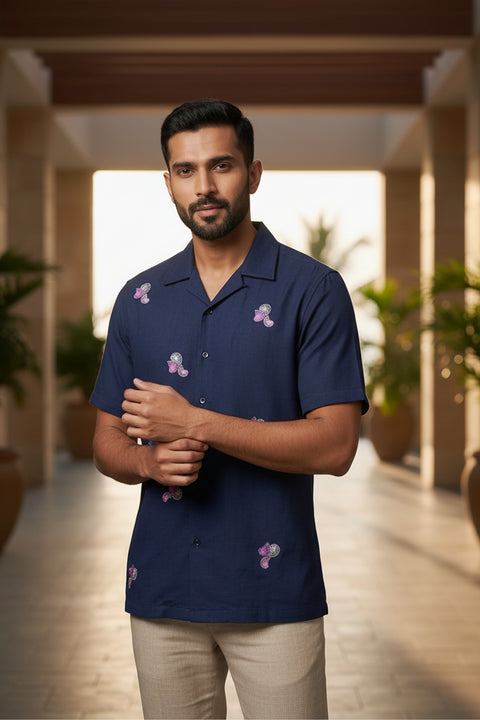 Aureole β Blue Embroidered Cotton Shirt