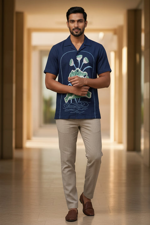 Midnight Bloom β Navy Lotus Embroidered Cotton Shirt