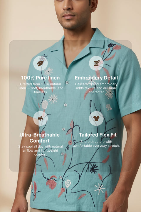 Serene β Aqua Embroidered Linen Shirt