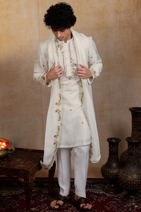 Geometric Symphony β Geometric Embroidered Falling Raw Silk Kurta