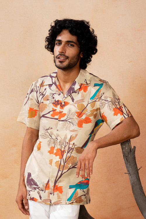 Aviance — Beige Printed Cotton Satin Shirt