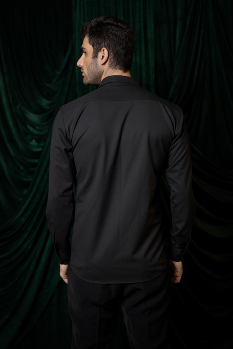 Sable — Black Hand Embroidered 4-Way Stretch Shirt