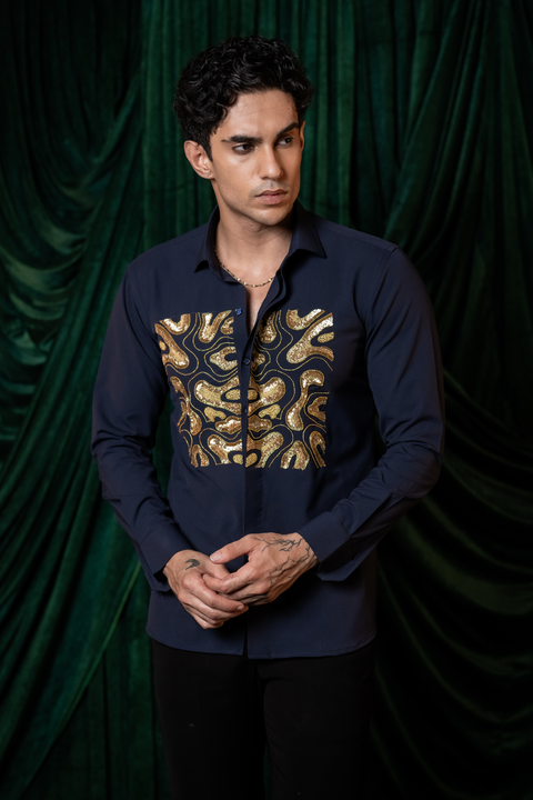 Molten — Midnight Blue Hand Embroidered 4-Way Stretch Shirt