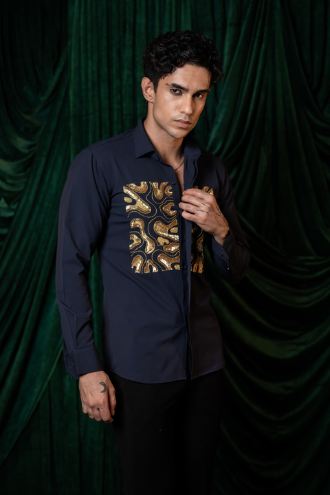 Molten — Midnight Blue Hand Embroidered 4-Way Stretch Shirt