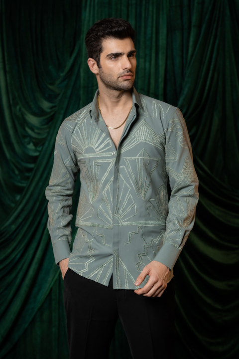 Manhattan β Sage Green Thread Embroidered 4-Way Stretch Shirt