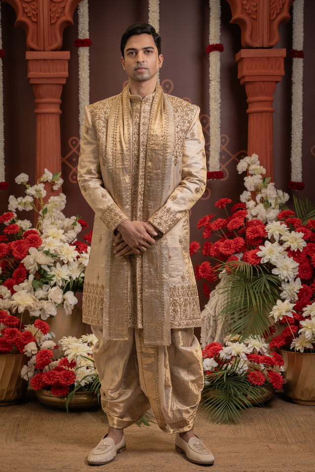 Swarnim — Dense Gold Hand Zardozi Embroidered Double Pure Tissue Sherwani
