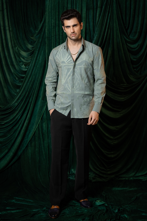 Manhattan — Sage Green Thread Embroidered 4-Way Stretch Shirt