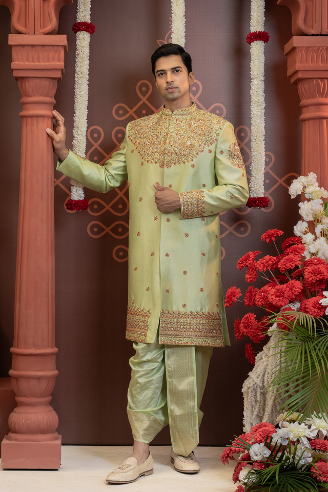 Ruhani — Pista Green Gold & Red Hand Embroidered Floral Chiniya Pattu Sherwani