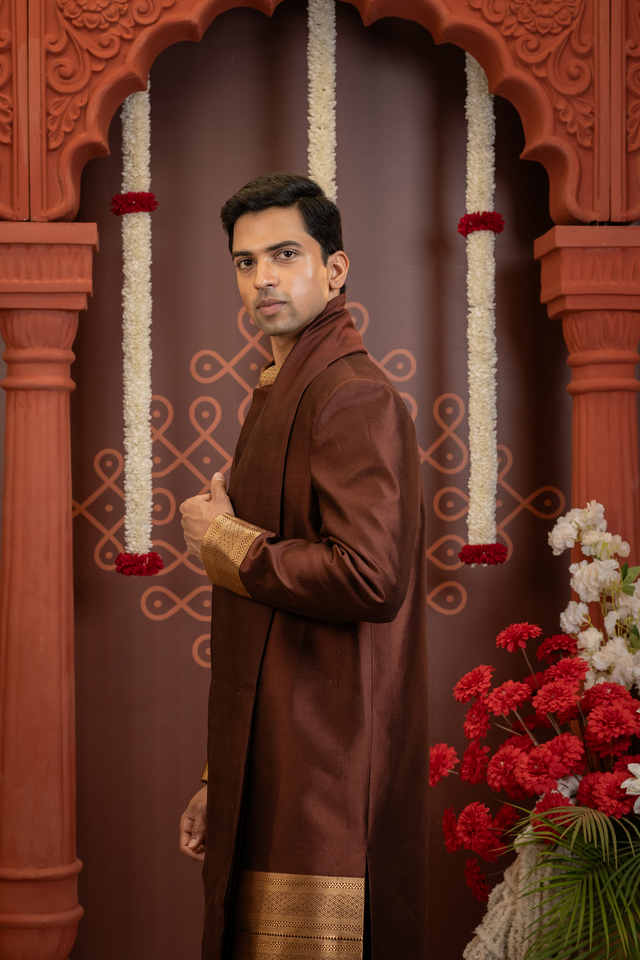 Raivat — Deep Brown Gold Brocade Border Chiniya Pattu Sherwani